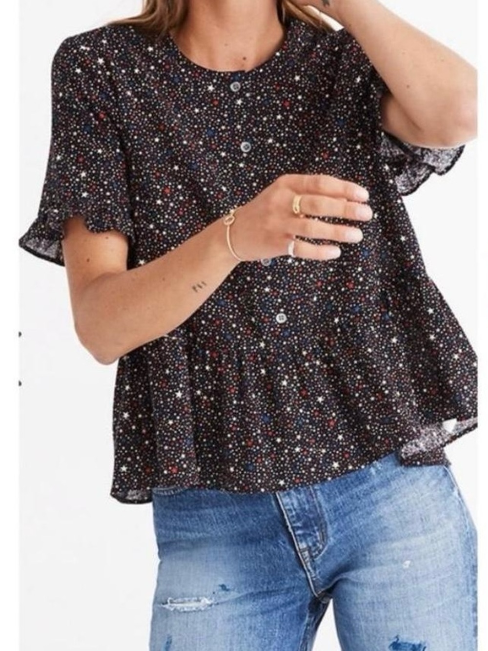 Madewell Black Star & Confetti Button-Front Peplum Top